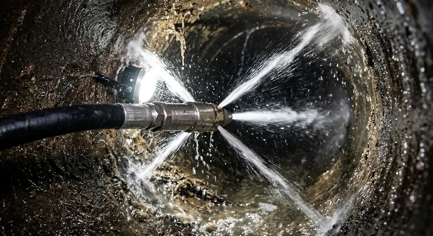 High-pressure hydro jetting nozzle cleaning sewer pipe for Sewer Cleanout in Gatesville