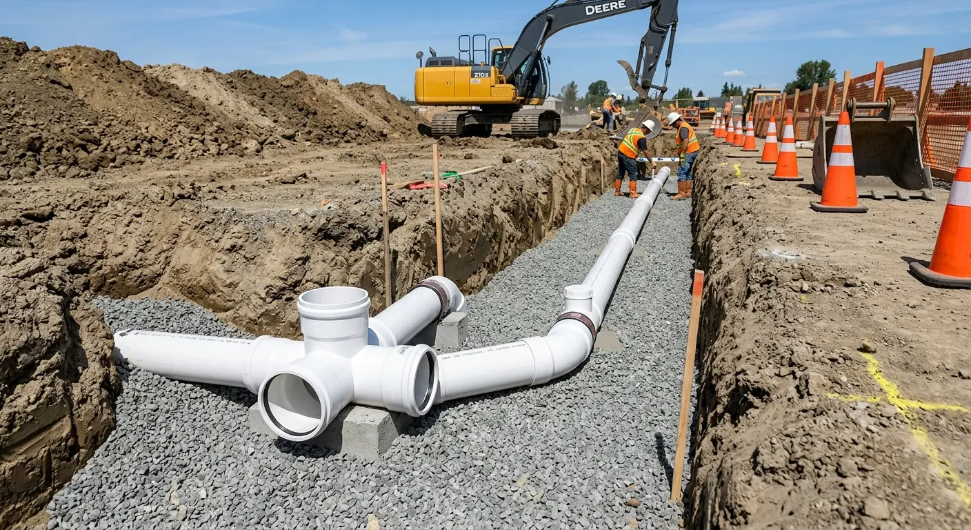 New PVC sewer pipe installation in open trench for Grease Trap Cleaning in Gatesville