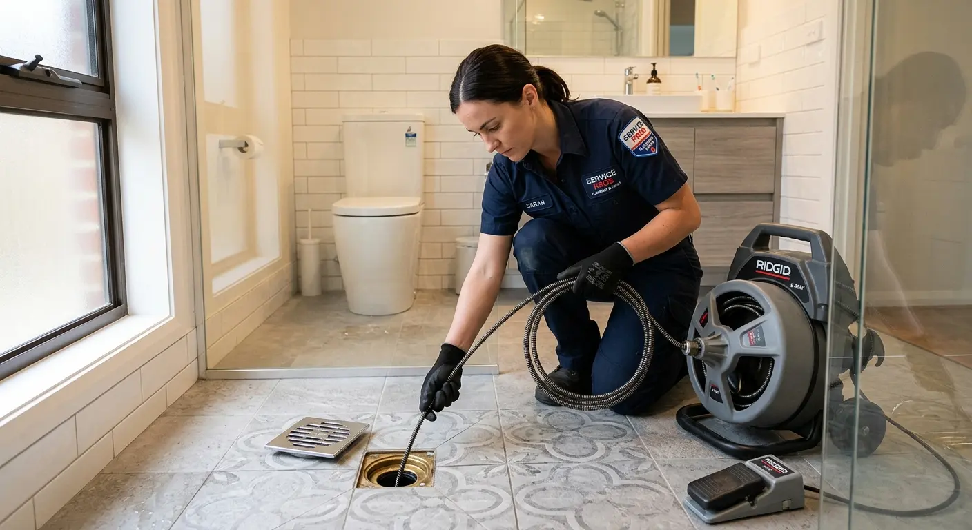 Technician clearing a bathroom floor drain for Drain Repair in Gatesville